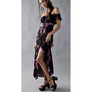 Free People Women She's A Dream Midi Pink Black Floral Boho Dress Size Small NWT